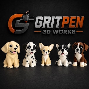 May include: Five small dog figurines arranged in a row beneath the text GRITPEN 3D WORKS. The figures include a light tan puppy, a white puppy with black spots, a small tan dog with large ears, a black and white puppy, and a brown and white puppy.