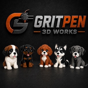 Puede incluir: Cinco pequeñas figuras de perros dispuestas en fila bajo el texto GRITPEN 3D WORKS. Las figuras incluyen un perro marrón y blanco, uno negro y fuego, uno marrón rizado, uno tipo husky blanco y negro, y un perro gris con una marca de corazón.