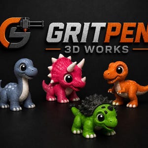 May include: Four small dinosaur figurines in blue, pink, orange, and green with large eyes and textured skin. The blue dinosaur is on the left, the pink triceratops is in the back, the orange dinosaur is on the right, and the green one is in front. The text GRITPEN 3D WORKS is above.
