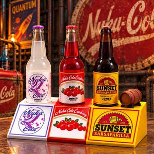 May include: Three glass soda bottles featuring Nuka-Cola, Nuka-Cola Cranberry, and Sunset Sarsaparilla labels. The bottles sit on a tiered display stand with matching branded graphics. A small wooden barrel replica is placed next to the yellow bottle.