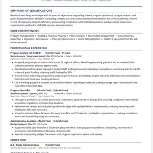 May include: A professional resume template for a Program Analyst named Jordan A. Rivera, featuring sections for contact information, summary of qualifications, core competencies, professional experience, education, and certifications and training.