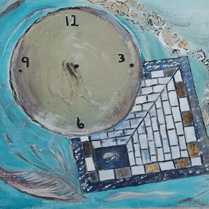 May include: An abstract painting featuring a clock face with the numbers 12, 3, 6, and 9. A geometric shape with a brick pattern is adjacent to the clock. The background is a blend of blue and white, with feather-like details.