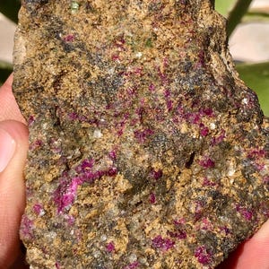 Può includere: Un esemplare minerale grezzo e irregolare caratterizzato da una matrice ruvida color marrone terra e beige, incastonata con numerose piccole inclusioni cristalline color rosa magenta vibrante e granelli minerali bianchi traslucidi.