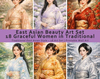 Hanbok Woman Portrait Print, East Asian Traditional Clothing Art Set, Kimono Chinese Dress Graphics, Oriental Beauty Wall Decor Bundle