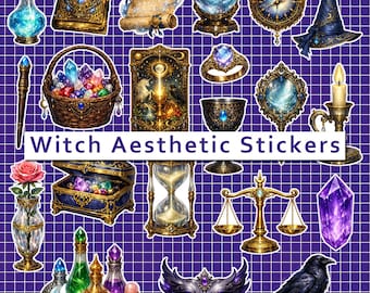 Witchy Aesthetic Digital Stickers, Mystical Magic Clipart Bundle, 60+ Celestial Spellbook PNG for GoodNotes
