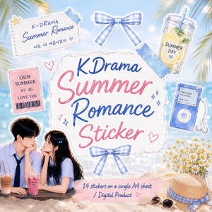 May include: A digital sheet of stickers with a 'K-Drama Summer Romance' theme. The design includes a couple, a blue MP3 player, a lemonade drink, and a straw hat. The stickers have a watercolor style with blue and pink accents.