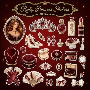 Ruby Princess Clipart | Sprookjesprinsessenstickers | Digitaal stickerpakket | Koninklijke Clipart PNG | Goodnotes-stickers | Bundel van 28 PNG-bestanden