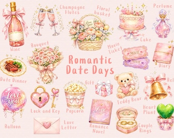 Romantic Date Night Planner Stickers, Pink Love Aesthetic PNG, Girly Digital Clipart for GoodNotes & Journaling