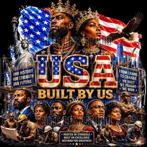 Puede incluir: Gráfico digital con temática patriótica con la palabra "USA" en rojo, blanco y azul. La imagen incluye retratos de personas, la Estatua de la Libertad, un águila y el texto "Built by Us".