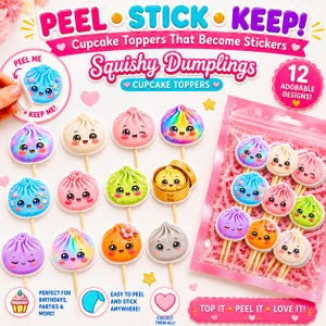 May include: A set of 12 cupcake toppers featuring squishy dumpling characters with various colors and expressions. The toppers are designed to be peeled and used as stickers. The packaging includes a clear bag with pink paper shreds and text.
