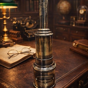 May include: A vintage brass telescope with the text "Dollond London 1920" is displayed on a dark brown leather desk. The telescope has a detailed design and is surrounded by other antique items, including a typewriter and books.