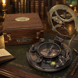 May include: A vintage sundial compass with a wooden box. The compass features a brass dial and a circular design. The box is made of dark wood with brass hardware and the text "SUN DIAL COMPASS LONDON" on the top.