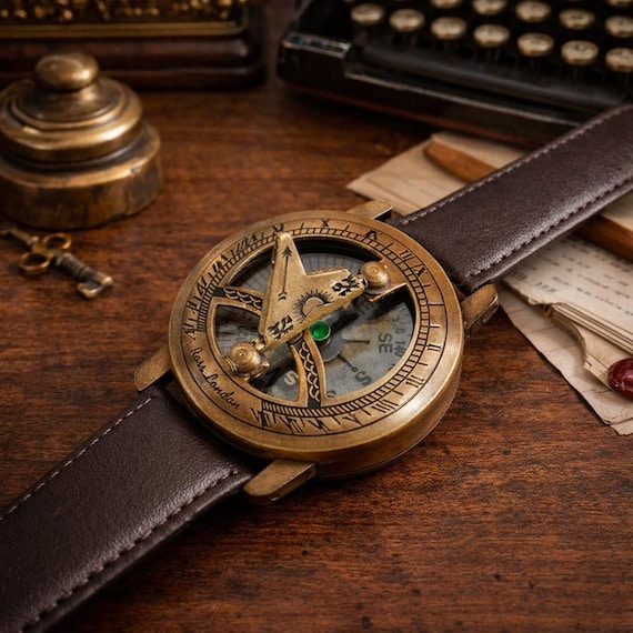 Brass Sundial Wrist Compass Leather Strap Navigation Watch Home Decor