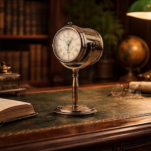Può includere: Un orologio da scrivania vintage in ottone con quadrante bianco e numeri romani. L'orologio è su un supporto, posto su una scrivania verde scuro con libri, una lampada e un mappamondo sullo sfondo. Il quadrante dell'orologio indica "1876".