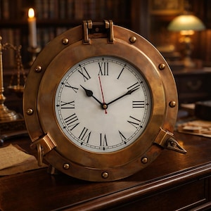 Könnte beinhalten: Eine runde Messinguhr mit weißem Zifferblatt und schwarzen römischen Ziffern. Die Uhr hat schwarze Zeiger und einen roten Sekundenzeiger. Die Uhr ist in einem Messingrahmen mit Nieten gefasst, der einem Schiffsbullauge ähnelt.