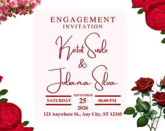 Engagement Party Invitation Template | Editable Red Rose Canva Invite | Elegant Engaged Celebration Card