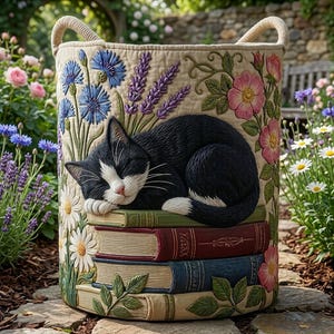 May include: A beige fabric storage basket featuring a sleeping black and white cat design. The basket is decorated with embroidered flowers, including blue cornflowers, lavender, and pink roses. The cat is resting on a stack of books.