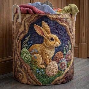 Puede incluir: Una cesta de lavandería cilíndrica con un tema de Pascua. La cesta presenta una ilustración detallada de un conejo, huevos de Pascua y follaje. El exterior es de color marrón claro con un diseño de corteza de árbol, y el interior está lleno de textiles doblados.