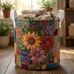 May include: A round, quilted fabric storage basket with white handles, filled with folded towels and blankets. The basket features a patchwork design with floral embroidery, including sunflowers and other colorful flowers. The color palette includes shades of blue, green, yellow, orange, and red.