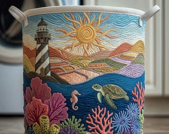 Coastal Light House Quilted Laundry Basket: Ocean Vibe Foldable Quilt Family Hamper