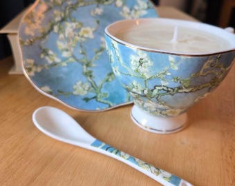 Almond Blossom Van Gough Classic Artwork Porcelain Teacup, Saucer, and Matching Spoon Scented Candle