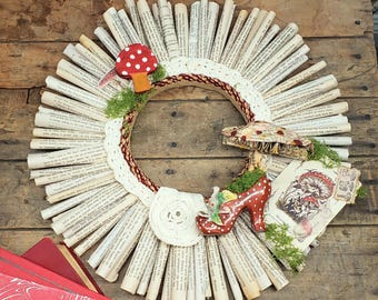 Fantasy Mushroom Accent | Cottagecore Decor | Book Lover Gift | Literary Wreath | Reading Nook Decor | Repurposed Book Page Wreath