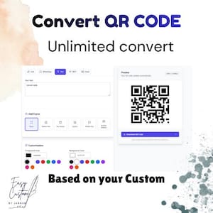 May include: A digital interface for converting text to a QR code. The interface includes text input, frame options, and color customization. The text "Convert QR CODE" and "Unlimited convert" are displayed at the top. The text "Based on your Custom" is at the bottom.