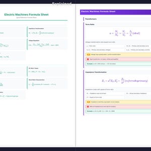 May include: A quick reference formula sheet for electric machines. The sheet includes formulas for transformers, DC machines, and more. The text is in black and green on a white background.