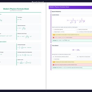 May include: A two-page document titled "Modern Physics Formula Sheet" with formulas and equations related to special relativity and quantum mechanics. The left page is labeled "Standard" and the right page is labeled "Explained".
