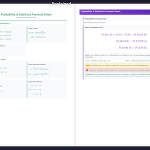 Peut inclure: Une feuille de formules de probabilités et de statistiques en deux pages. La page de gauche contient des formules pour les bases des probabilités et les distributions courantes. La page de droite présente les règles et concepts de base des probabilités.