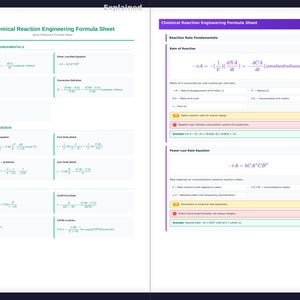 Könnte beinhalten: Ein zweiseitiges Dokument mit dem Titel "Chemical Reaction Engineering Formula Sheet". Die linke Seite zeigt Formeln in schwarzer Schrift auf weißem Hintergrund. Die rechte Seite hat eine lila Überschrift und kommentierte Formeln.