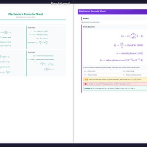 May include: A two-page spread featuring an electronics formula sheet. The left page displays formulas for diodes and rectifier circuits. The right page shows diode equations, including current and voltage formulas, with annotations and examples.