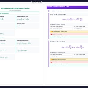 May include: A white sheet titled "Polymer Engineering Formula Sheet" with formulas and text. The sheet is divided into sections on molecular weight distribution and polymerization kinetics. The text includes equations and explanations.