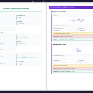 May include: A white sheet with the title "Petroleum Engineering Formula Sheet" and various formulas. The sheet is divided into sections, including "Reservoir Rock Properties" and "Permeability (Darcy's Law)." The sheet has a purple header and green and yellow highlighted sections.