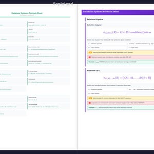 May include: A two-page spread of a database systems formula sheet. The left page is titled "Standard" and the right page is titled "Explained." The right page includes formulas for Relational Algebra, including Selection and Projection.