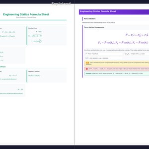 Könnte beinhalten: Ein weißes Engineering Statics Formelblatt mit grünen und lila Akzenten. Das Blatt enthält Formeln für Vektoren, Einheitsvektorform, Momente und Paare. Der Text "Engineering Statics Formula Sheet" steht oben.