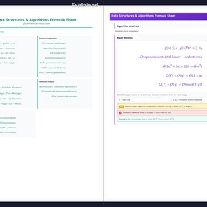 May include: A two-page document titled "Data Structures & Algorithms Formula Sheet." The left page contains formulas for algorithm analysis, including Big O notation, recurrence relations, and space complexity. The right page shows Big-O notation formulas and explanations.