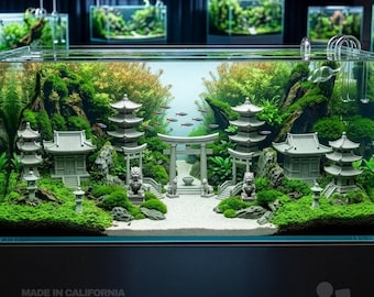 Japanese Zen Aquarium Set, Fish Tank Aquascape Kit, Torii Gate, Pagoda and Temple