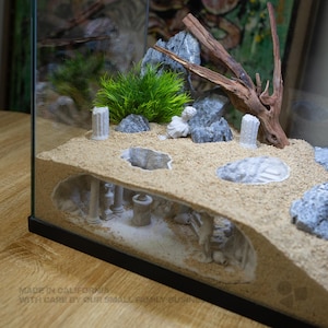 Pu&ograve; includere: Un terrario in vetro che mostra una sezione trasversale di un paesaggio sabbioso con una camera sotterranea contenente colonne, statue e ceramiche classiche bianche in miniatura, sormontato da piante verdi, rocce grigie e legno.