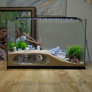 Pu&ograve; includere: Un acquario rettangolare in vetro con substrato di sabbia e una grotta sotterranea integrata contenente rovine classiche in miniatura, statue e colonne. La vasca include piante artificiali verdi, rocce grigie, legno e una barra luminosa a LED.