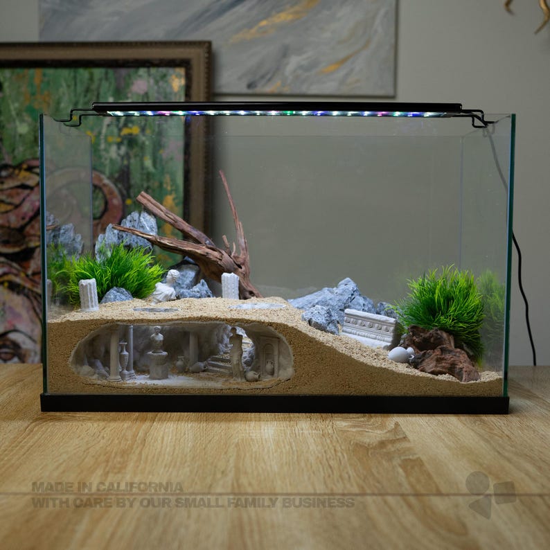 Pu&ograve; includere: Un acquario rettangolare in vetro con substrato di sabbia e una grotta sotterranea integrata contenente rovine classiche in miniatura, statue e colonne. La vasca include piante artificiali verdi, rocce grigie, legno e una barra luminosa a LED.