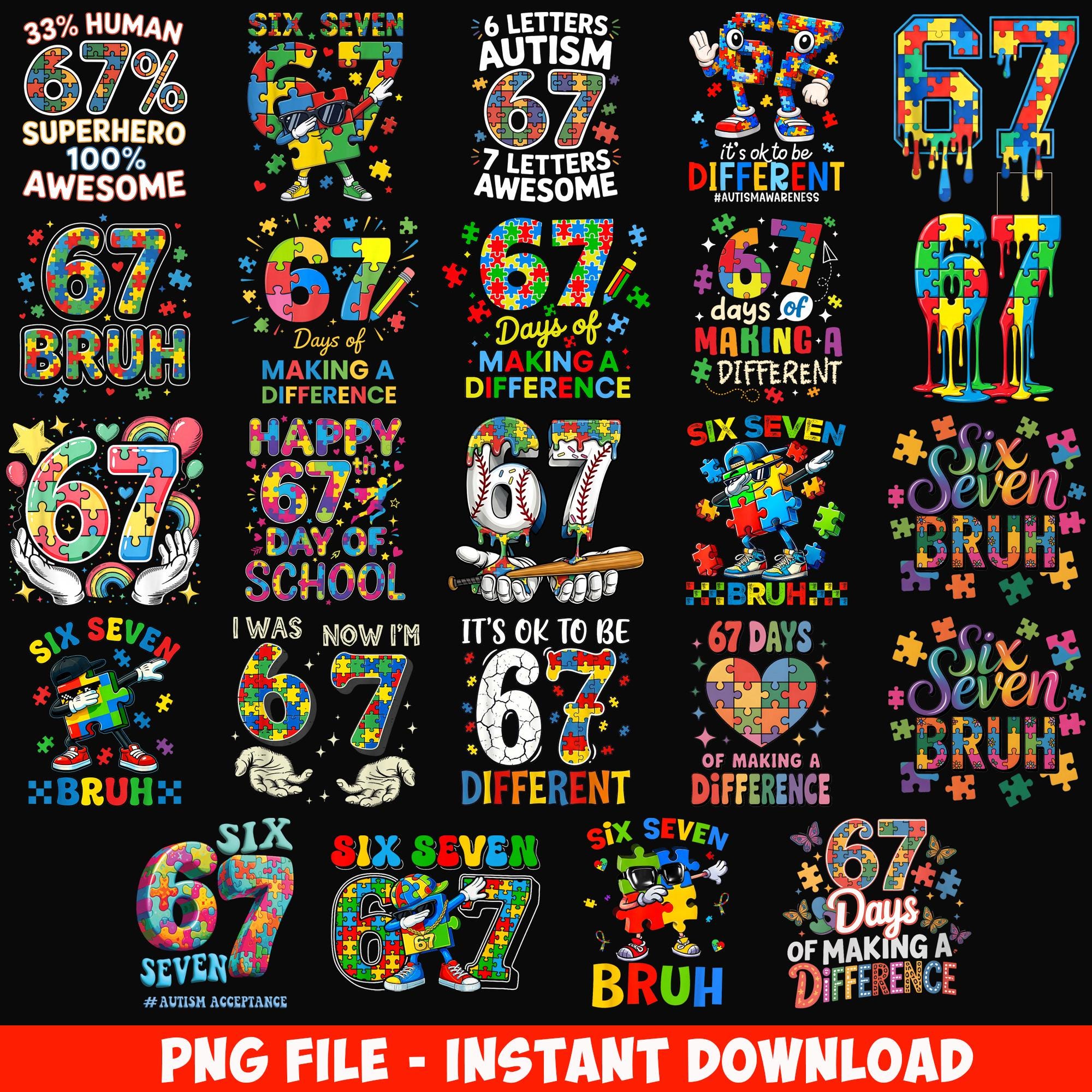 Six Seven Bruh 67 Autism Puzzle Bundle PNG, Autism Awareness Png ...