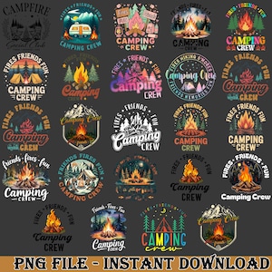 May include: A collection of camping-themed graphic designs featuring campfires, tents, and outdoor scenes. The designs include text such as "Camping Crew", "Friends Fires Fun", and "Instant Download". The color palette includes shades of orange, green, and blue.