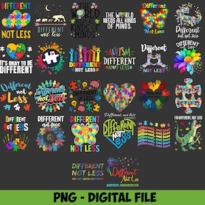 May include: A collection of colorful digital designs with the words "Different Not Less" and "Autism Awareness." The designs include puzzle pieces, hearts, butterflies, and other graphics, all on a dark gray background.