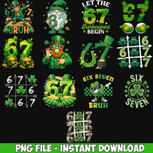 Puede incluir: Una colección de gráficos temáticos del Día de San Patricio con los números 6 y 7, duendes, tréboles y los textos "Bruh" y "Six Seven". Los diseños son en tonos verdes y dorados sobre un fondo negro.