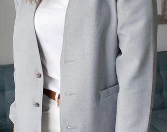 Vintage Grey Blazer Oversized Women 90s Retro Boyfriend Fit Preppy Academia Office Summer Jacket Size L