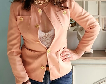 Vintage Wool Salmon Blazer Made in France, 80s Tailored Coral Jacket, Lightweight Summer Blazer, Classic Office Wear, Minimalist Retro Style