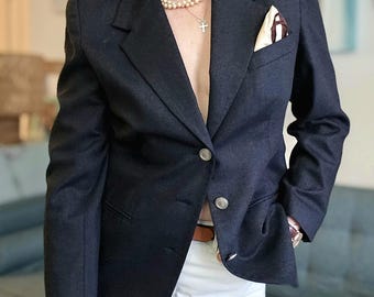 Vintage Dark Charcoal Wool Blazer Women, Minimalist Tailored Jacket, 90s Office Blazer, Dark Academia Wool Coat, Structured Formal Jacket
