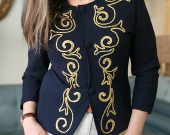 Vintage Black & Gold Embroidered Wool Blazer, 80s Statement Jacket, Baroque Scroll Jacket, Elegant Evening Blazer, Boutique Cropped Jacket