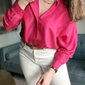 Vintage Fuchsia Silk Blouse: Elegant 90s French Chic Button-Up Top